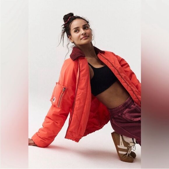 FP Movement Outpost Bomber Jacket Removable Collar Free People Small Orange Red - Picture 1 of 7
